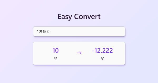 Text reading 'Easy Convert' above a conversion from 10 degrees Fahrenheit to -12.2 degrees Celsius.